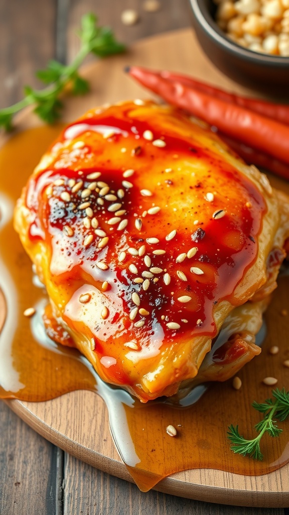 Plate of Sweet and Spicy Honey Garlic Chicken with a glossy sauce and garnished with sesame seeds.