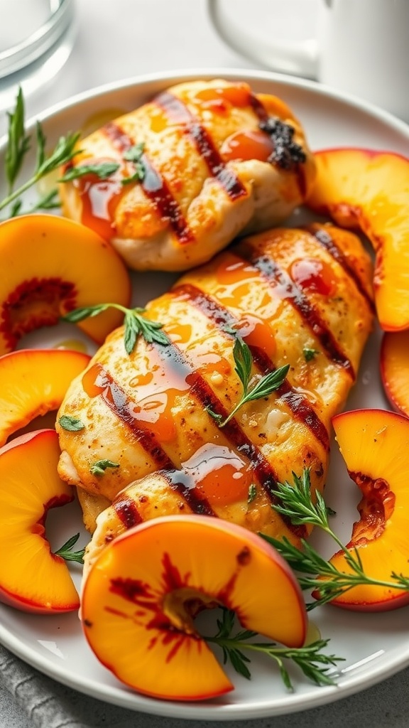 A plate of grilled chicken breasts glazed with peach sauce, accompanied by peach slices