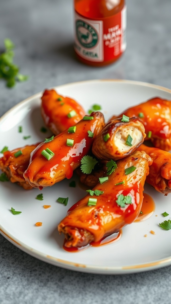 A plate of sticky Sweet Chili Sriracha chicken wings garnished with green onions and cilantro.
