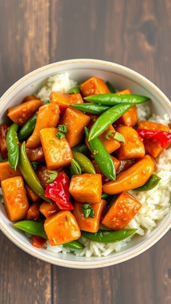Bowl of Szechuan chicken with snap peas and rice