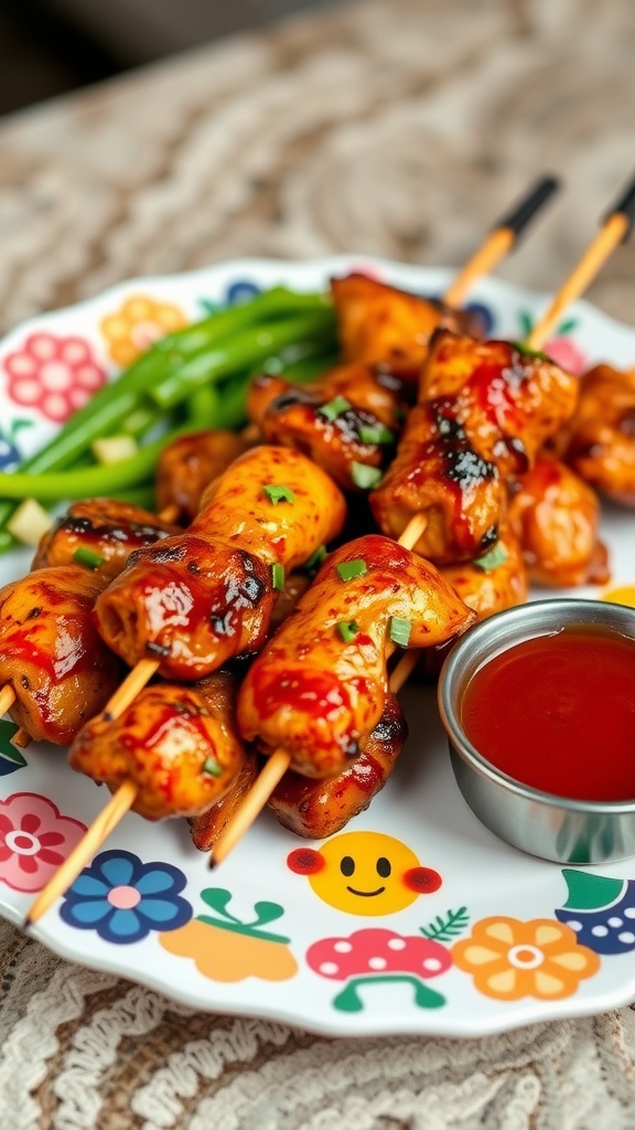 Szechuan spicy chicken skewers garnished and served with dipping sauce