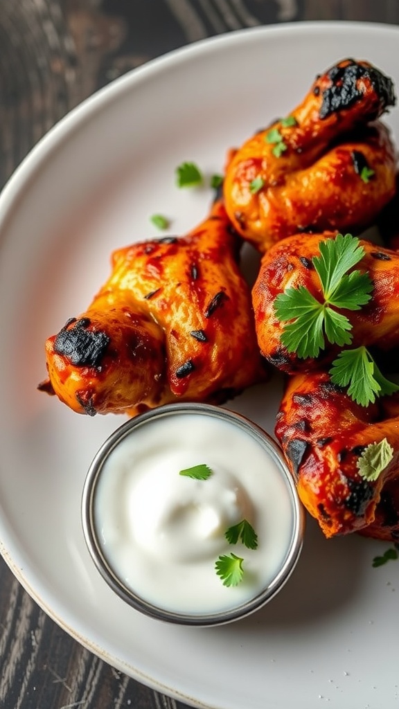 Tandoori chicken served with yogurt sauce and garnished with cilantro