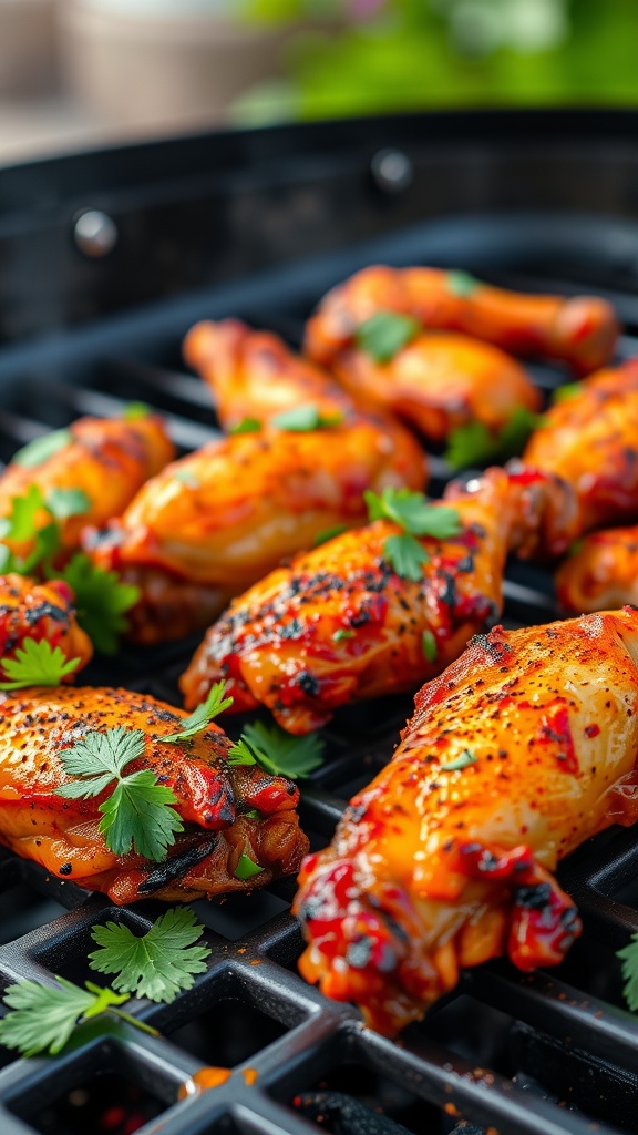 Tandoori spiced grilled chicken wings on a grill