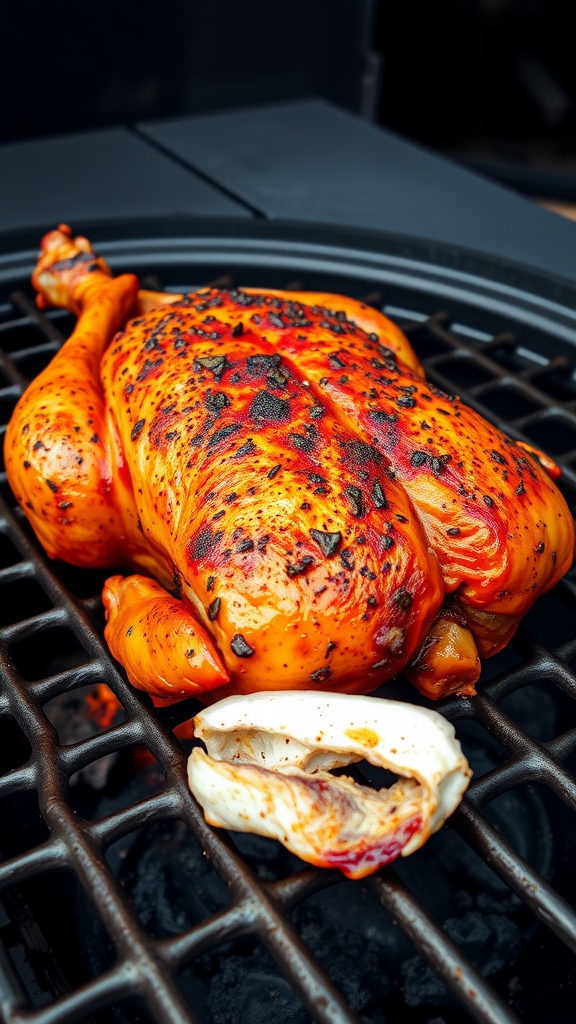 Grilled turkey breast marinated in tandoori spices, resting on a grill.