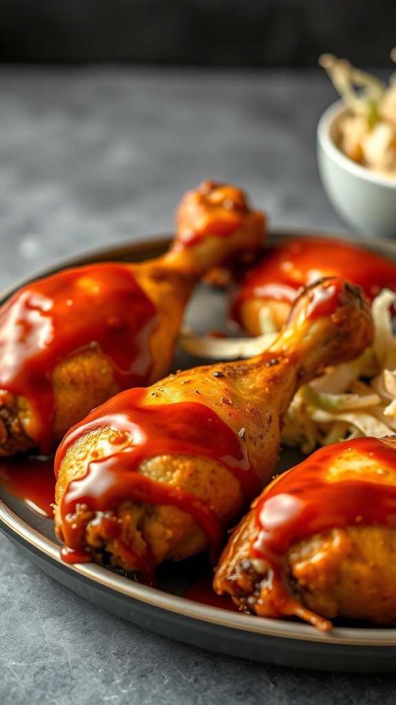 A plate of baked chicken drumsticks topped with BBQ sauce.