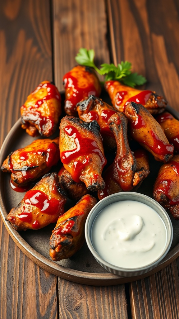 Tangy BBQ chipotle chicken wings on a plate with dipping sauce
