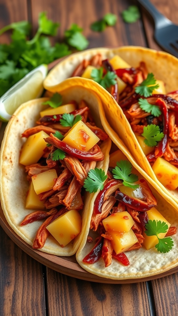 Tangy pineapple BBQ chicken tacos with garnishes