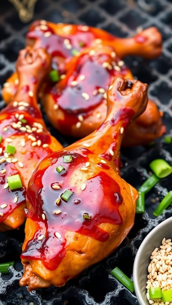 Grilled teriyaki BBQ chicken drumsticks with sesame seeds and green onions
