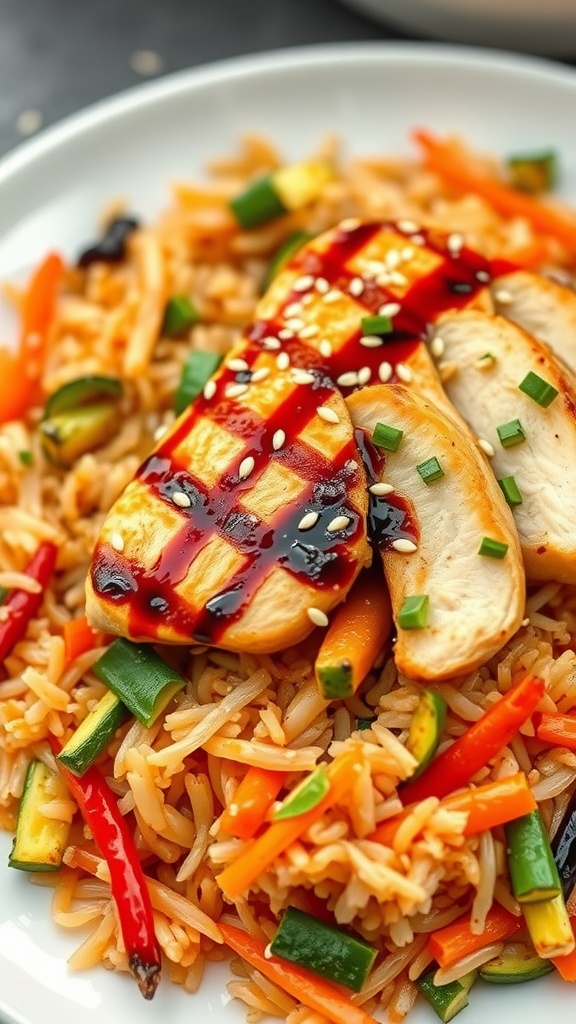 A colorful plate of teriyaki chicken stir-fry rice with vegetables.