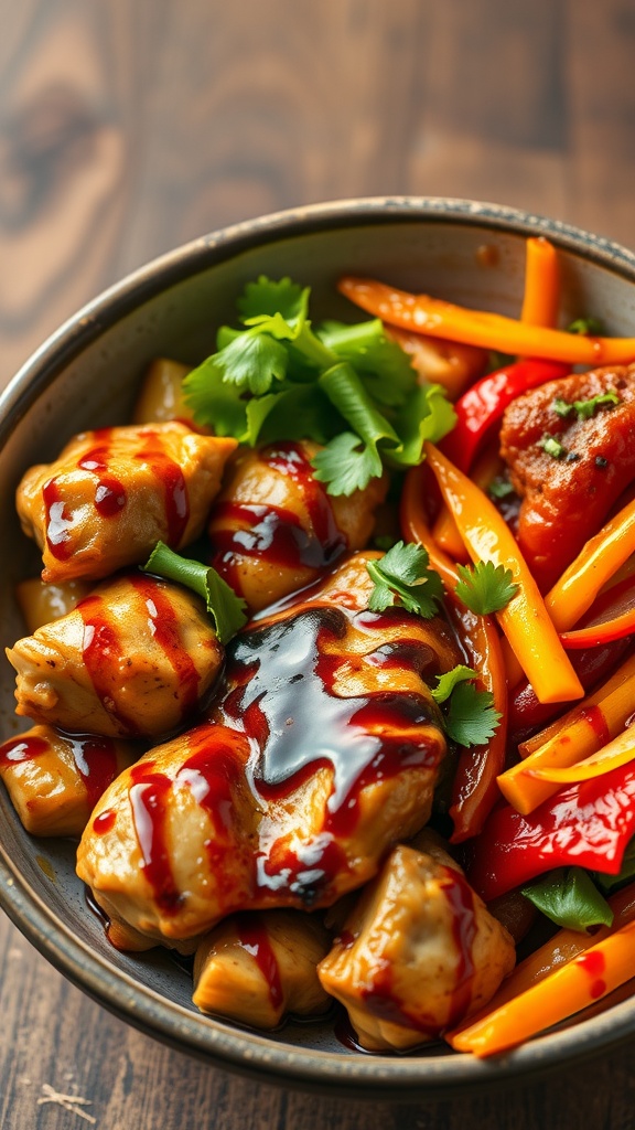 Bowl of teriyaki chicken stir-fry with colorful vegetables