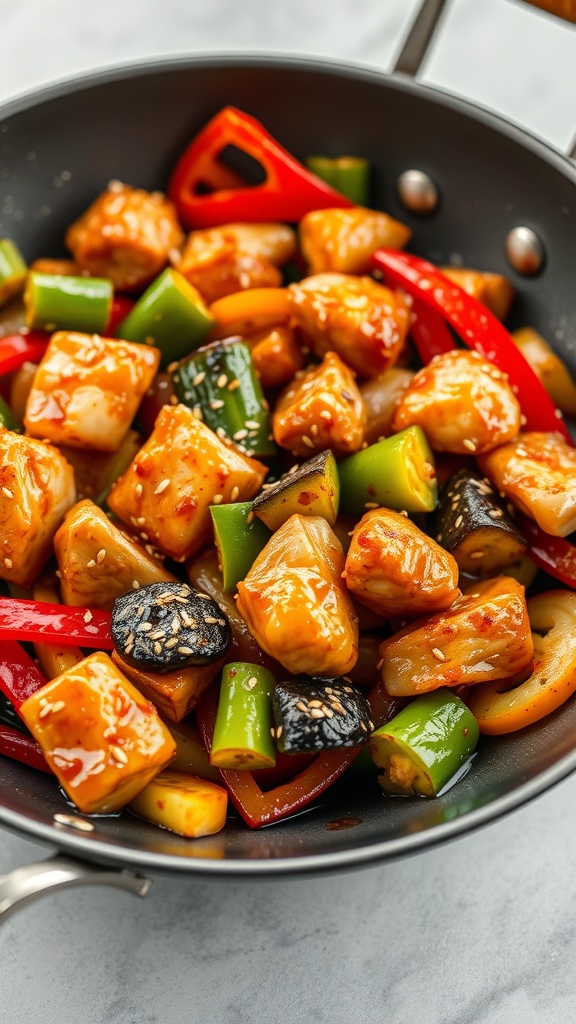 A colorful teriyaki chicken stir-fry with vegetables