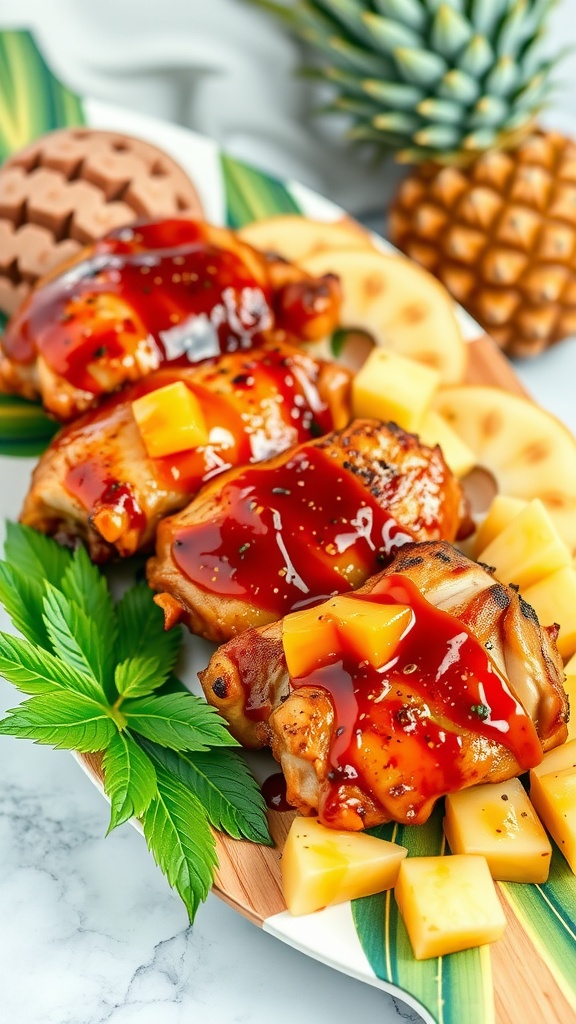 A plate of grilled teriyaki chicken thighs topped with pineapple, served with a garnish of mint leaves.