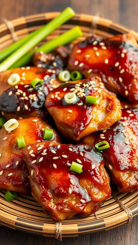 Delicious teriyaki chicken thighs garnished with sesame seeds and green onions.