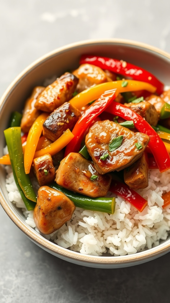 A bowl of teriyaki chicken with bell peppers served over rice.