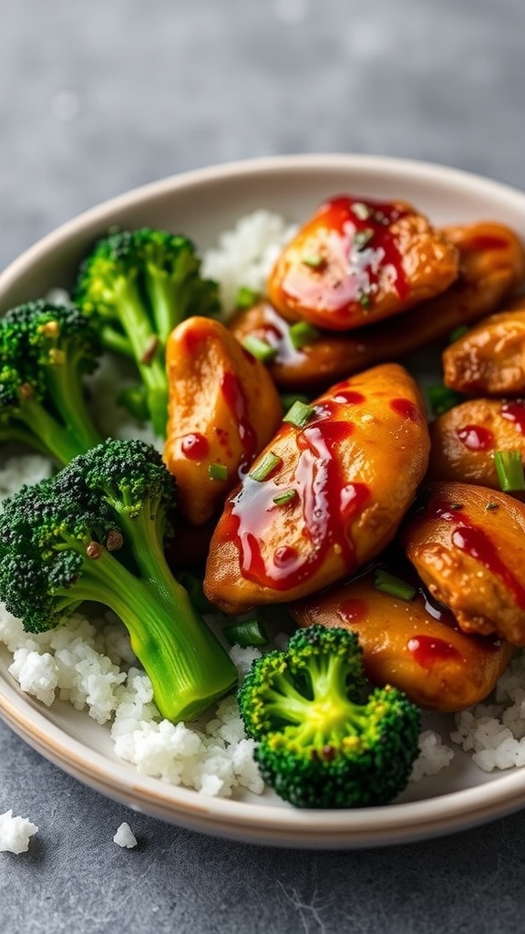 A plate of teriyaki chicken with broccoli served over rice.