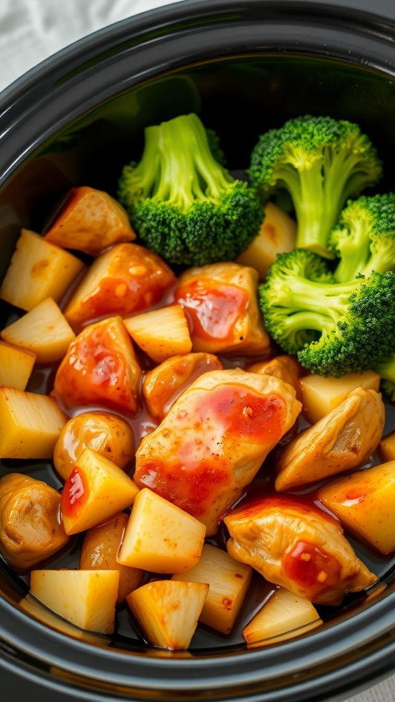 A plate of Teriyaki Chicken with Pineapple, broccoli, and pineapple chunks.