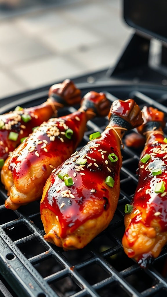 Grilled teriyaki glazed chicken legs garnished with sesame seeds and green onions