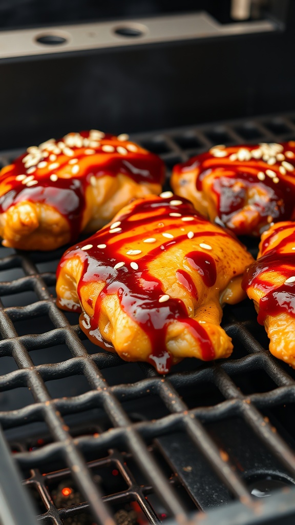 Grilled chicken thighs glazed with teriyaki sauce and garnished with sesame seeds.