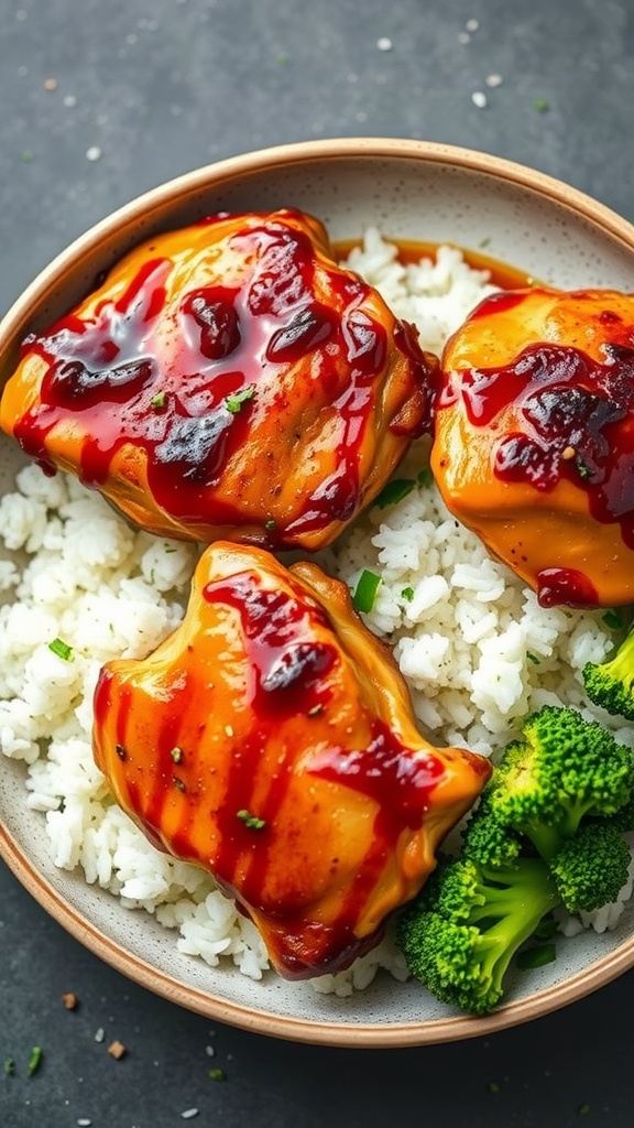 A bowl of Teriyaki Glazed Chicken Thighs served with rice and broccoli.