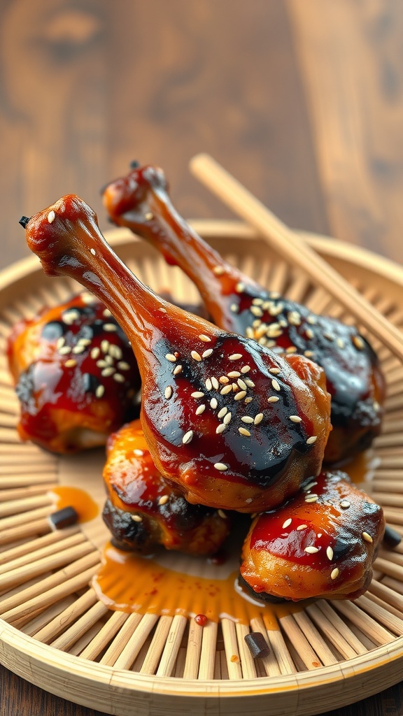 A plate of teriyaki glazed chicken drumsticks garnished with sesame seeds.