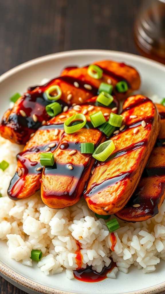 Delicious teriyaki grilled chicken strips served with rice and garnished with green onions.