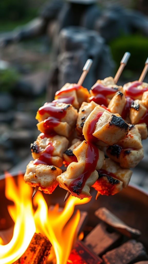 Teriyaki grilled turkey breast skewers over a fire
