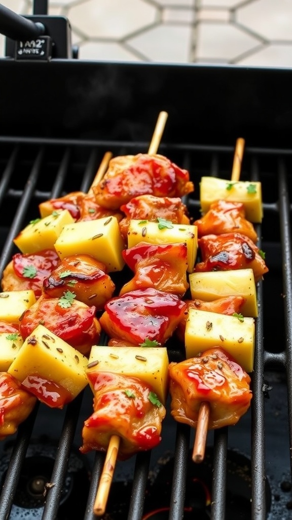 Teriyaki pineapple chicken skewers grilling on a barbecue