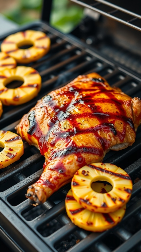 A grilled chicken thigh glazed with teriyaki sauce beside grilled pineapple rings on a barbecue grill.