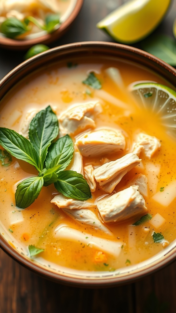 A bowl of Thai Coconut Chicken Soup garnished with basil and lime.