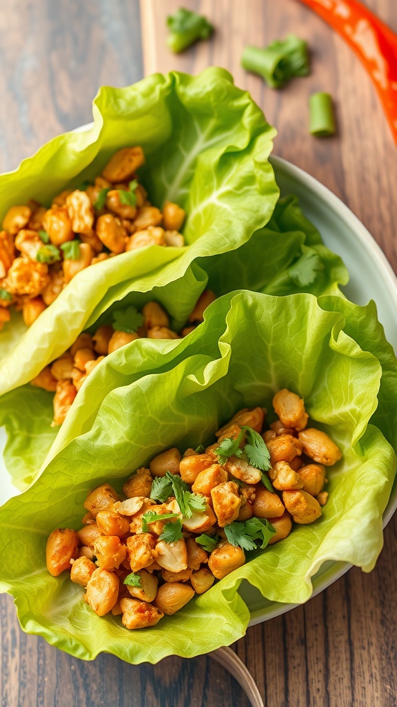 Thai Peanut Chicken Lettuce Wraps with ground chicken and peanuts in lettuce leaves