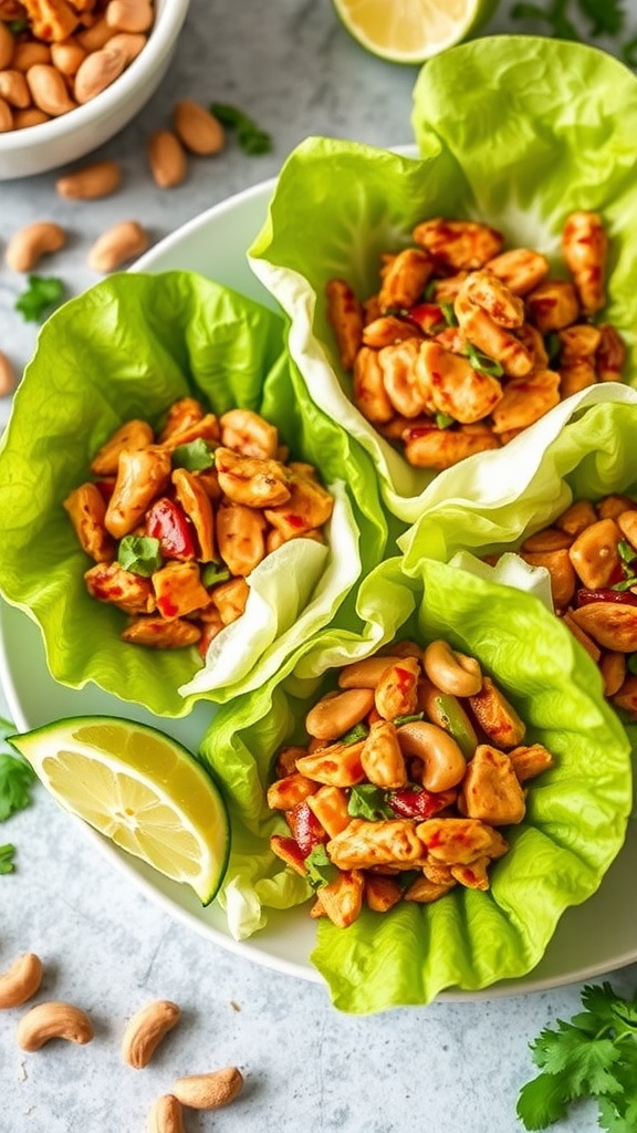 Thai Peanut Chicken Lettuce Wraps with lime and peanuts.