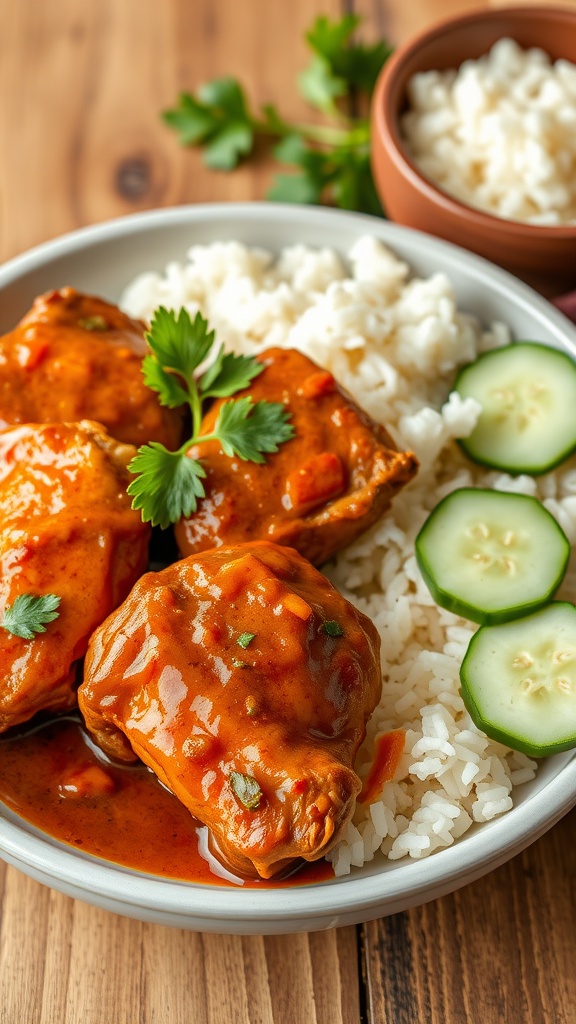 A bowl of Thai Peanut Chicken Thighs served with rice and cucumbers.