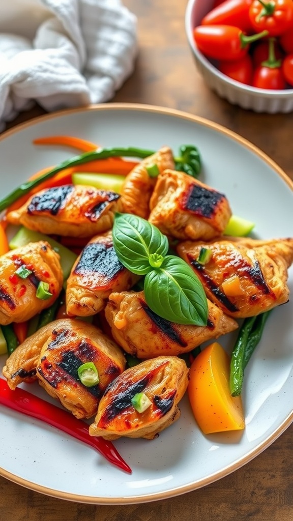 A plate of grilled Thai sweet chili chicken garnished with fresh green onions on a bed of colorful vegetables.