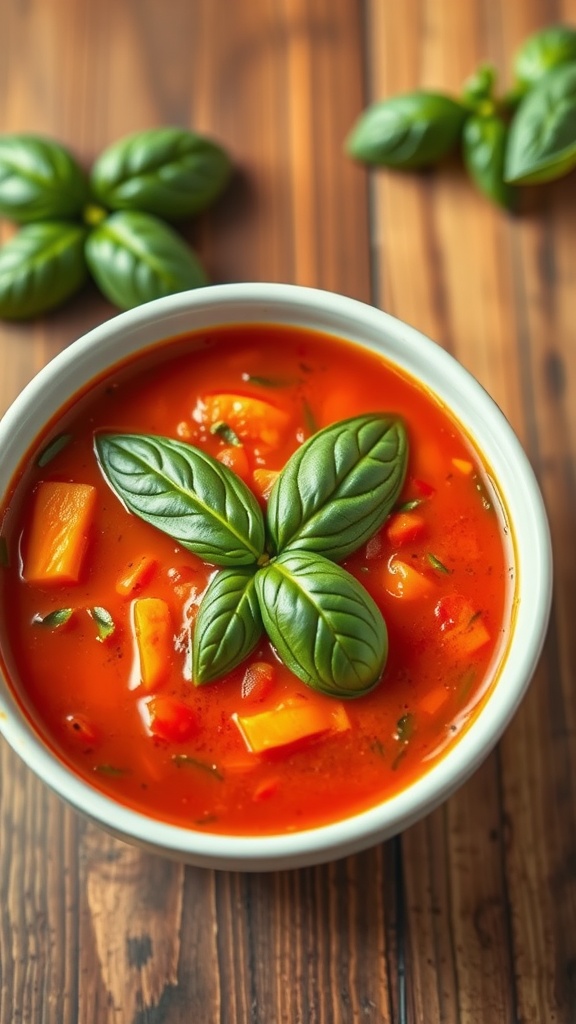 A bowl of Tomato Basil Chicken Soup garnished with fresh basil leaves.