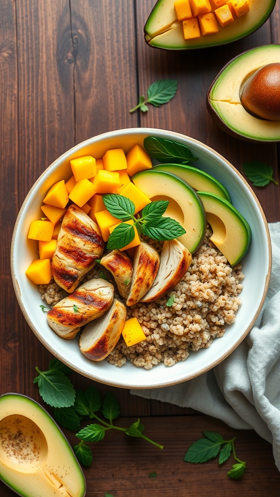 A vibrant Tropical Mango Chicken Bowl featuring grilled chicken, diced mango, sliced avocado, and quinoa.