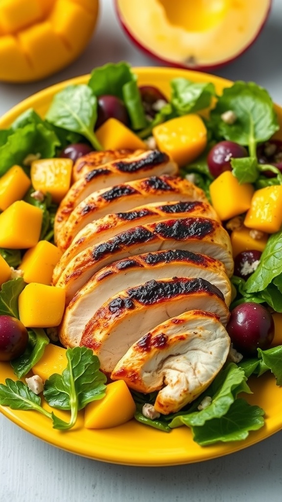 A vibrant Tropical Mango Chicken Salad featuring grilled chicken, fresh greens, and diced mango.