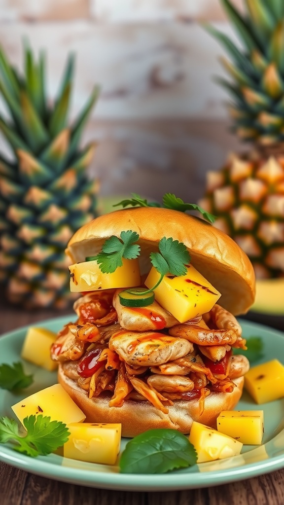 Tropical Pineapple BBQ Pulled Chicken sandwich with pineapple and cilantro