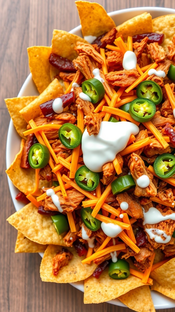 A plate of zesty BBQ chicken nachos topped with cheese, jalapeños, and sour cream.