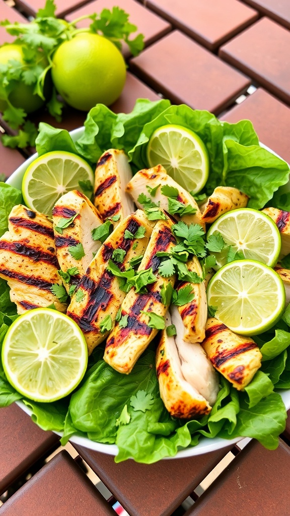 Zesty cilantro lime chicken salad with sliced grilled chicken, lime wedges, and fresh greens.