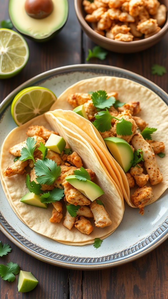 Two tacos filled with cilantro lime chicken, avocado, and cilantro on a plate.