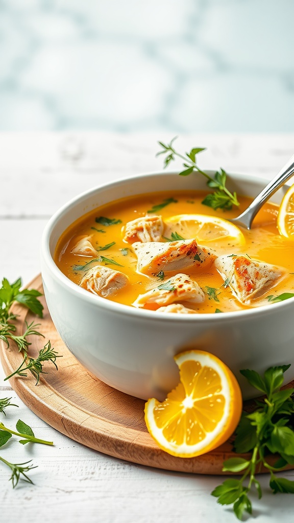 A bowl of zesty lemon and herb chicken soup garnished with fresh herbs and lemon slices.