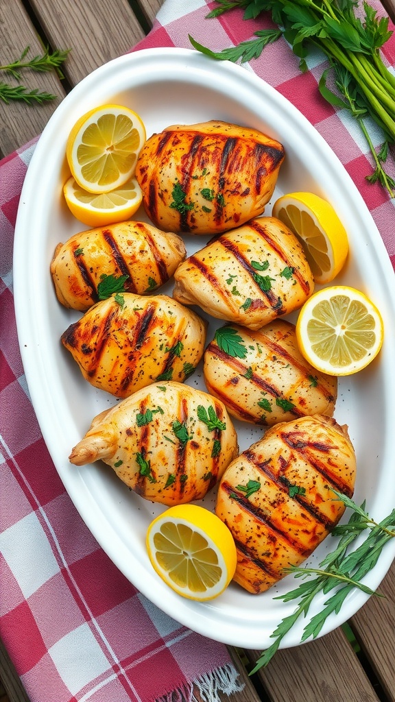 Grilled chicken marinated in lemon and herbs, garnished with lemon slices and fresh parsley.