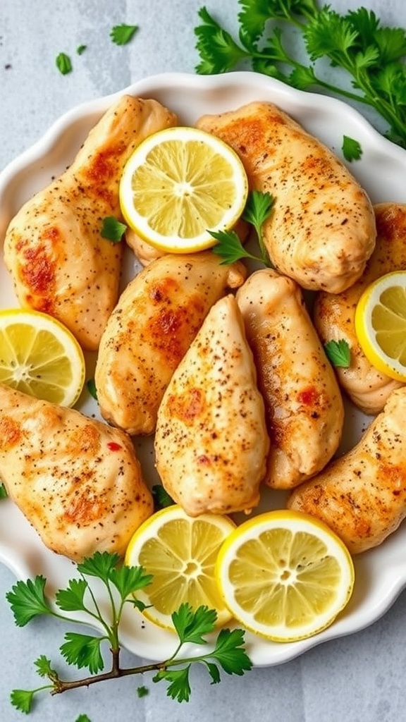 Plate of zesty lemon pepper chicken tenders garnished with parsley and lemon slices