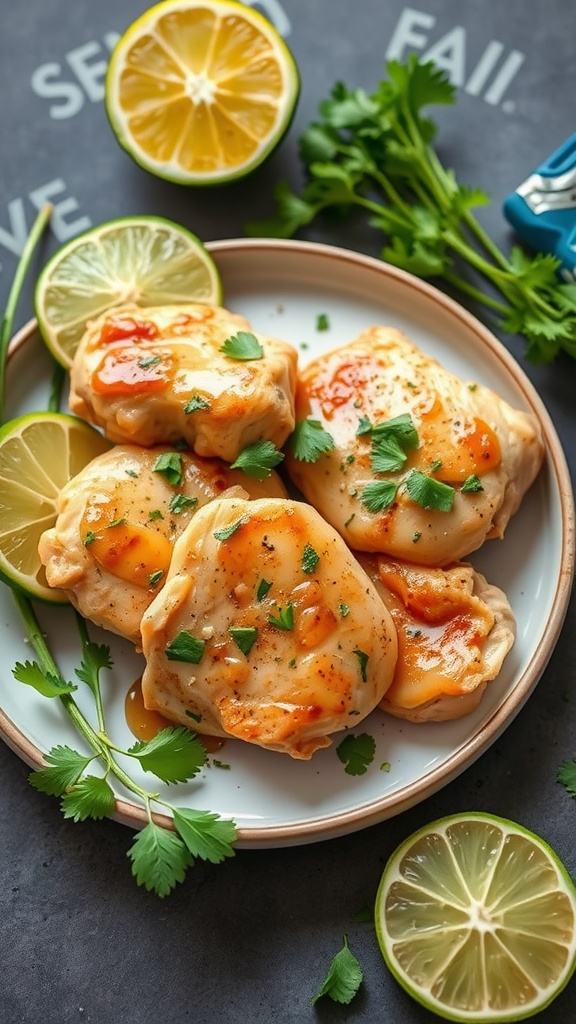 Zesty lime cilantro chicken thighs garnished with cilantro and lime slices.