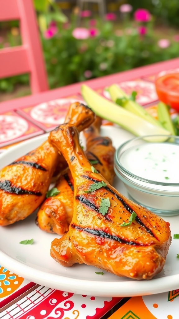 Grilled chicken drumsticks seasoned with ranch and served with dipping sauce.