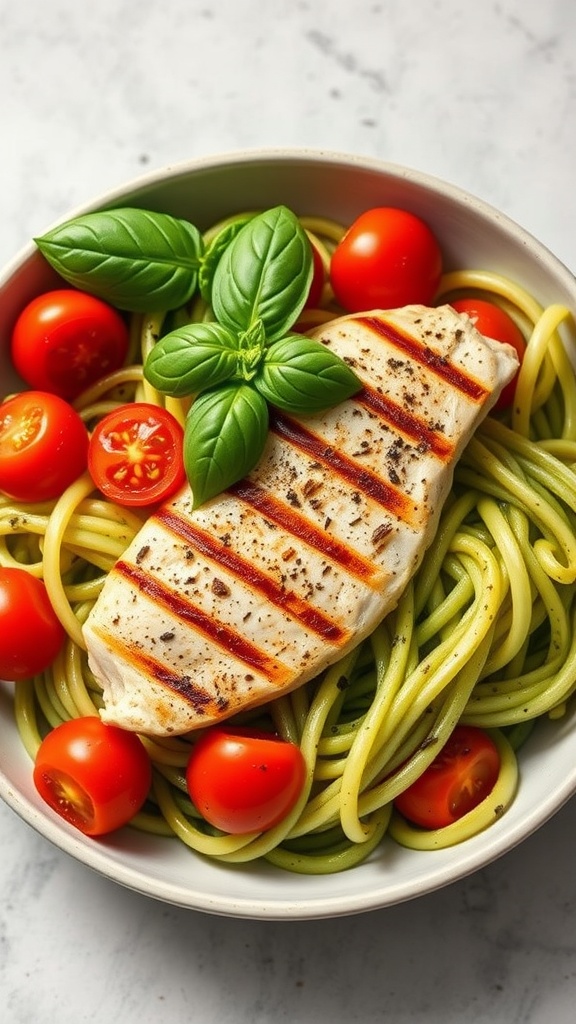 A bowl of zucchini noodles topped with grilled chicken and cherry tomatoes, garnished with fresh basil.